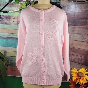 BARBRA SUE vintage baby pink cardigan, floral/pearl embroidery, Made in Thailand